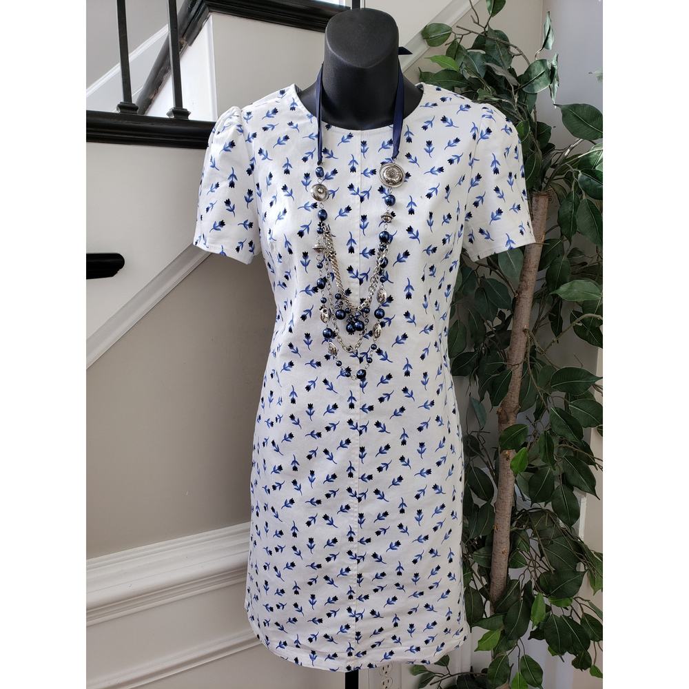 Draper James Shift Dress Women Size 2 White Blue Floral Puff Sleeve Pullover